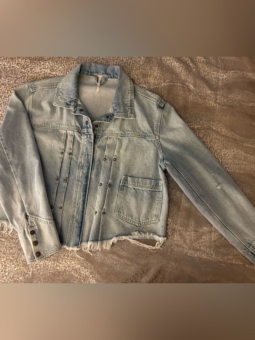 Free People-Light Wash Distressed Denim Jacket - Chic Cropped Style - Picture 9 of 16